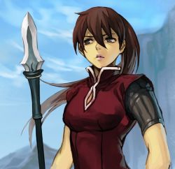 Rule 34 | 1girl, balsa, blue eyes, blue sky, breasts, brown hair, day, dress, hair between eyes, holding, holding weapon, hungry clicker, long hair, medium breasts, outdoors, parted lips, pink lips, polearm, ponytail, red dress, seirei no moribito, short sleeves, sky, solo, spear, standing, weapon