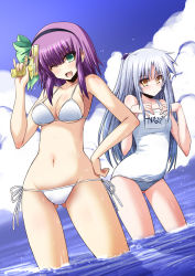 Rule 34 | 10s, 2girls, ;d, angel beats!, aqua eyes, bare shoulders, bikini, blush, breasts, cloud, day, groin, hairband, hand on own hip, hands on own chest, hip focus, looking at viewer, medium breasts, multiple girls, navel, one-piece swimsuit, one eye closed, open mouth, outdoors, purple hair, school swimsuit, shinshin, side-tie bikini bottom, silver hair, sky, smile, swimsuit, tenshi (angel beats!), wading, water, white bikini, white school swimsuit, white one-piece swimsuit, wink, yellow eyes, nakamura yuri