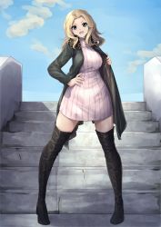 Rule 34 | 1girl, bad id, bad pixiv id, black coat, black footwear, blonde hair, blue eyes, blue sky, boots, casual, cloud, cloudy sky, coat, commentary, day, dress, full body, girls und panzer, hair intakes, hand on own hip, highres, kakimoto nao, kay (girls und panzer), long hair, looking at viewer, open clothes, open coat, open mouth, opened by self, outdoors, ribbed dress, short dress, sky, smile, solo, stairs, standing, thigh boots, thighhighs, white dress