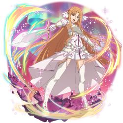 Rule 34 | 1girl, armor, asuna (stacia), breastplate, brown eyes, brown hair, cape, detached sleeves, dress, faux figurine, floating hair, full body, garter straps, gloves, hair between eyes, highres, holding, holding sword, holding weapon, long hair, long sleeves, official art, open mouth, pleated dress, short dress, sleeveless, sleeveless dress, solo, sword, sword art online, sword art online: memory defrag, thighhighs, thighs, transparent background, very long hair, waist cape, weapon, white armor, white cape, white dress, white gloves, white sleeves, white thighhighs