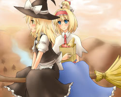 Rule 34 | &gt;:o, 2girls, :o, alice margatroid, apple, apron, arms between legs, bag, blonde hair, blue eyes, blush, bounami, bow, braid, bread, broom, broom riding, capelet, cloud, couple, eyebrows, food, fruit, groceries, grocery bag, hair bow, hairband, hat, hat bow, holding, holding bag, kirisame marisa, long hair, long sleeves, multiple girls, multiple riders, open mouth, outdoors, river, shanghai doll, shopping bag, short hair, short sleeves, side braid, sidesaddle, sky, smile, touhou, tree, v-shaped eyebrows, waist apron, witch hat, yellow eyes, yuri