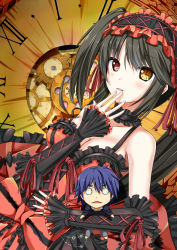 Rule 34 | 1boy, 1girl, :&lt;, bare shoulders, black detached sleeves, black hair, black neckwear, blue hair, blush, breasts, chibi, choker, cleavage, clock, clock background, date a live, detached sleeves, dress, finger to mouth, fingers to mouth, gothic lolita, hand up, hetero, heterochromia, hug, itsuka shidou, lace, lace choker, lolita fashion, long hair, medium breasts, o o, open mouth, parted lips, red dress, red eyes, short hair, sketch, sleeves past wrists, smile, standing, tokisaki kurumi, twintails, yamakou (yamakou e2), yellow eyes