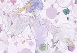 Rule 34 | 1other, androgynous, arm at side, blue hair, closed mouth, flower, golden arms, green flower, green rose, grey eyes, highres, holding, holding flower, houseki no kuni, long sleeves, looking at viewer, lying, necktie, on back, other focus, pale skin, petals, phosphophyllite, phosphophyllite (ll), puffy long sleeves, puffy sleeves, purple flower, purple rose, red flower, red rose, rose, see-through, short hair, solo, spoilers, sunfish263, upper body, white necktie