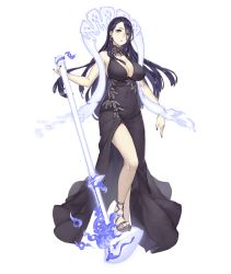 Rule 34 | 1girl, asymmetrical bangs, asymmetrical hair, black hair, breasts, contemporary, dress, earrings, full body, grey eyes, jewelry, jino, kaguya (sinoalice), large breasts, long hair, looking at viewer, microphone, nail polish, official art, sandals, sinoalice, solo, transparent background