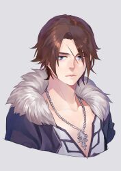 Rule 34 | 1boy, blue eyes, brown hair, expressionless, final fantasy, final fantasy viii, fur-trimmed jacket, fur trim, grey background, highres, jacket, jewelry, male focus, necklace, nini tw99, open clothes, open jacket, scar, scar on face, scar on forehead, shirt, short hair, simple background, solo, squall leonhart, v-neck, white shirt