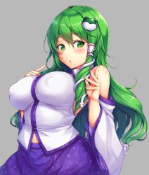 Rule 34 | 1girl, blue skirt, breasts, commentary request, covered erect nipples, detached sleeves, fingernails, frog hair ornament, green eyes, green hair, grey background, hair between eyes, hair ornament, hair tubes, highres, kochiya sanae, large breasts, long hair, looking at viewer, simple background, skirt, snake hair ornament, solo, touhou, upper body, wing collar, yuki usagi (snowcanvas)