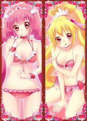 Rule 34 | 10s, 2girls, adapted costume, aida mana, arm support, bikini, blonde hair, blush, color connection, cure happy, cure heart, dokidoki! precure, finger in own mouth, flower, half updo, highres, hoshizora miyuki, kuune rin, multiple girls, pink eyes, pink hair, ponytail, precure, rose, sitting, smile precure!, standing, swimsuit, twintails, wariza