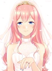 Rule 34 | 1girl, blue eyes, blush, bridal veil, bride, commentary, dress, half-closed eye, hand up, jewelry, lace, light blush, lipstick, long hair, looking at viewer, makeup, megurine luka, nail polish, nokuhashi, petals, pink hair, ring, smile, solo, straight hair, upper body, veil, vocaloid, wedding dress, wedding ring, white background, white dress