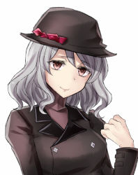 Rule 34 | 1girl, black hat, blush, breasts, brown coat, brown eyes, closed mouth, coat, eyebrows, grey hair, hat, highres, long sleeves, mature female, medium breasts, neit ni sei, original, portrait, short hair, simple background, smile, solo, sweater, turtleneck, upper body, white background