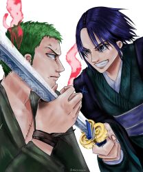 Rule 34 | 1boy, 1girl, absurdres, aged up, akarinaan, artist name, bandana, blue eyes, blue hair, closed mouth, fighting, green hair, highres, holding, holding sword, holding weapon, japanese clothes, katana, kuina, looking at another, one piece, roronoa zoro, scar, scar on chest, short hair, simple background, smile, sword, teeth, time paradox, weapon, white background
