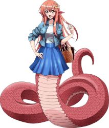 Rule 34 | 1girl, artist request, bag, blue jacket, blue skirt, blush, breasts, full body, hair between eyes, hair ornament, hairclip, handbag, jacket, lamia, large breasts, long hair, miia (monster musume), monster girl, monster musume no iru nichijou, monster musume no iru nichijou online, official alternate costume, official art, open mouth, pointy ears, red hair, scales, shirt, skirt, slit pupils, solo, transparent background, very long hair, white shirt, yellow eyes