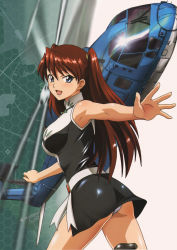 Rule 34 | 1girl, agustawestland aw101, aika (series), aika r-16, aircraft, armpits, ass, bare legs, blue eyes, blush, brown hair, cover, female focus, helicopter, highres, huge ass, long hair, looking at viewer, looking back, miniskirt, non-web source, open mouth, panties, pantyshot, shingai eri, shiny skin, skirt, smile, solo, twintails, underwear, upskirt, very long hair, white panties