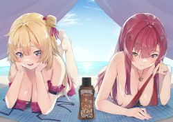 Rule 34 | 2girls, absurdres, akai haato, akai haato (hololive summer 2019), bare arms, bare shoulders, barefoot, beach, beach mat, bikini, blonde hair, blue eyes, blue sky, blush, breasts, closed mouth, commentary request, day, eyes visible through hair, hair between eyes, hair bun, hands on own cheeks, hands on own face, hanging breasts, head rest, heart, heart necklace, highres, hololive, houshou marine, houshou marine (summer), jewelry, koubou (cowbow kun), large breasts, long hair, looking at viewer, lotion bottle, lying, multiple girls, necklace, on stomach, open mouth, outdoors, red bikini, red eyes, red hair, single hair bun, sky, smile, string bikini, swimsuit, tent, the pose, untied bikini, virtual youtuber, yellow eyes