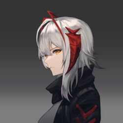 Rule 34 | 1girl, annoyed, arknights, black jacket, black scarf, breasts, closed mouth, from side, gradient background, grey background, highres, horns, jacket, koharu1807, looking at viewer, medium breasts, profile, red eyes, scarf, shirt, short hair, sideways glance, silver hair, solo, upper body, w (arknights), white shirt