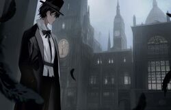 Rule 34 | 1boy, architecture, black hair, black jacket, black necktie, black pants, clock, clock tower, dongzhan836, feathers, gothic architecture, hat, highres, jacket, klein moretti, looking afar, lord of the mysteries, necktie, night, night sky, pants, shadow, shirt, sky, tower, white shirt, window