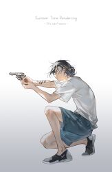 Rule 34 | 1boy, aiming, ajiro shinpei, black eyes, black hair, closed mouth, commentary, copyright name, english commentary, english text, from side, full body, gradient background, gun, hands up, highres, holding, holding gun, holding weapon, male focus, shirt, short sleeves, shorts, solo, summertime render, t-shirt, tidsean, weapon, white shirt