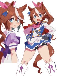 Rule 34 | 1girl, animal ears, blue eyes, blush, breasts, brown hair, closed mouth, feet out of frame, hair between eyes, hands on own hips, high ponytail, highres, horse ears, long hair, looking at viewer, multicolored hair, multiple views, open mouth, pleated skirt, sanjiro (tenshin anman), short sleeves, shorts, shorts under skirt, simple background, skirt, small breasts, split mouth, standing, streaked hair, tail, tareme, thick thighs, thighs, tokai teio (umamusume), two-tone hair, umamusume, white background, white hair, wing collar