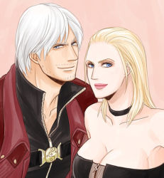 Rule 34 | 1boy, 1girl, blonde hair, blue eyes, breasts, choker, couple, dante (devil may cry), devil may cry, devil may cry (series), devil may cry 4, leather, looking at another, trish (devil may cry)