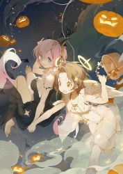 Rule 34 | 2girls, akizero1510, angel, angel wings, barefoot, basket, black dress, blue eyes, breasts, brown eyes, brown hair, cloud, commentary, dated, demon tail, dress, english commentary, fake horns, floating, hair between eyes, halo, headphones, highres, holding, holding basket, holding hands, horns, jack-o&#039;-lantern, long hair, looking at another, looking away, medium breasts, multiple girls, open mouth, original, pink hair, sky, sleeveless, sleeveless dress, star (sky), starry sky, tail, very long hair, white dress, wings