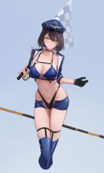 Rule 34 | 1girl, absurdres, azur lane, baltimore (azur lane), baltimore (finish line flagbearer) (azur lane), bikini, black bikini, black gloves, blue bikini, blue footwear, blue hat, blue jacket, blue shorts, boots, breasts, brown hair, checkered flag, chest harness, chinese commentary, choker, cleavage, collarbone, commentary request, cropped jacket, cropped legs, flag, gloves, grey background, hair between eyes, harness, hat, highleg, highleg bikini, highres, holding, holding pole, jacket, kong zhizen, large breasts, looking at viewer, micro shorts, mismatched bikini, navel, official alternate costume, open clothes, open jacket, parted lips, peaked cap, pole, race queen, short hair, shorts, sidelocks, single glove, skindentation, solo, standing, stomach, swimsuit, thigh boots, yellow eyes