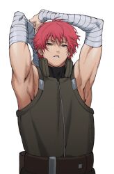 Rule 34 | 1boy, alternate costume, arm behind head, arm wrap, armpits, arms up, belt, brown eyes, highres, looking at viewer, male focus, naruto (series), naruto shippuuden, parted lips, pink hair, red hair, sasori (naruto), short hair, simple background, sleeveless, solo, toned, toned male, umkaqryi, upper body, white background