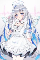Rule 34 | 1girl, :o, absurdres, amane kanata, amane kanata (nurse), angel, angel wings, apron, bandaged arm, bandages, blue eyes, blue hair, blue wings, blush, colored inner hair, cowboy shot, detached collar, dress, feathered wings, flat chest, gloves, gradient wings, grey dress, grey hair, hair ornament, hairclip, hat, highres, holding, holding syringe, hololive, id card, long hair, looking at viewer, multicolored hair, multicolored wings, nurse, nurse cap, official alternate costume, pantyhose, pink hair, shano hiyori, solo, streaked hair, syringe, twintails, virtual youtuber, white apron, white gloves, white pantyhose, white wings, wing collar, wings