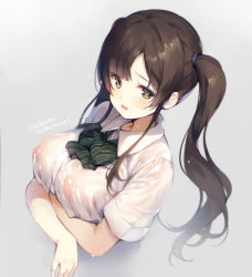 Rule 34 | 1girl, black hair, blush, bow, bowtie, breast hold, breasts, brown hair, collared shirt, covered erect nipples, grey background, hair tie, large breasts, long hair, looking at viewer, no bra, open mouth, original, parted bangs, parted lips, school uniform, see-through, see-through silhouette, senji (tegone spike), shirt, short sleeves, sidelocks, simple background, solo, striped bow, striped bowtie, striped clothes, striped neckwear, twintails, upper body, wavy hair, wet, wet clothes, wet shirt, white shirt, yellow eyes