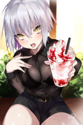 Rule 34 | 1girl, black bra, black shirt, black shorts, blouse, blush, bra, casual, commentary request, danimaru, fate/grand order, fate (series), food, hand on own chest, ice cream, jeanne d&#039;arc (fate), jeanne d&#039;arc alter (avenger) (fate), jeanne d&#039;arc alter (fate), long sleeves, looking at viewer, open mouth, outdoors, see-through, semi-transparent, shirt, shorts, sitting, solo, syrup, thighs, underwear, white hair, yellow eyes