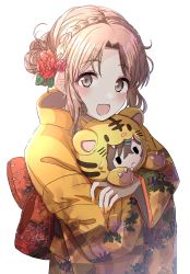 Rule 34 | 1girl, :d, absurdres, braid, brown eyes, brown hair, character doll, commentary request, hugging doll, flower, hair flower, hair ornament, highres, higuchi madoka, ichikawa hinana, idolmaster, idolmaster shiny colors, japanese clothes, kimono, looking at viewer, obi, hugging object, open mouth, red flower, red rose, rose, sash, smile, solo, tanakara, upper body, white background, yellow kimono
