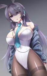 Rule 34 | 1girl, animal ears, breasts, counter:side, detached collar, fake animal ears, grey hair, highleg, highleg leotard, highres, jacket, jin bora (counter:side), large breasts, leotard, necktie, open clothes, open jacket, pantyhose, pataneet, playboy bunny, purple eyes, rabbit ears, rabbit tail, solo, strapless, strapless leotard, tail, white leotard