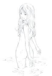 Rule 34 | 1girl, long hair, monochrome, nude, original, sketch, solo, wading, yoshitomi akihito