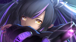 Rule 34 | 1girl, black hair, black jacket, blunt bangs, commentary request, covering own mouth, enatsu, highres, jacket, kojo anna, kojo anna (1st costume), long hair, long sleeves, looking at viewer, multicolored hair, nanashi inc., pointy ears, portrait, purple hair, russian text, solo, sugar lyric, twintails, two-tone hair, virtual youtuber, yellow eyes