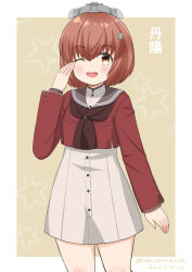 Rule 34 | 1girl, brown eyes, brown hair, brown neckerchief, character name, commentary request, cowboy shot, dress, grey sailor collar, hair ornament, hairclip, headgear, kantai collection, masara (chuujou), neckerchief, one eye closed, open mouth, red shirt, round teeth, sailor collar, sailor shirt, salute, shirt, short hair, solo, standing, star (symbol), starry background, tan yang (kancolle), teeth, two-tone background, upper teeth only, white dress, yukikaze (kancolle)