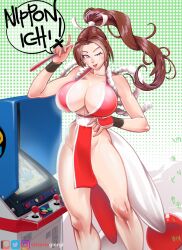 Rule 34 | !, 1girl, arcade, bare legs, blush, breasts, brown hair, cleavage, curvy, fatal fury, game console, hand on own hip, large breasts, lips, long hair, looking at viewer, one eye closed, ponytail, revealing clothes, shiny skin, shiranui mai, simple background, smile, solo, speech bubble, video game, vittoriogiorgi, wide hips