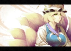 Rule 34 | 1girl, bad id, bad pixiv id, blonde hair, breasts, dress, female focus, fox tail, green eyes, hands in opposite sleeves, hat, impossible clothes, impossible dress, irohara mitabi, large breasts, letterboxed, lips, multiple tails, short hair, slit pupils, solo, tail, touhou, wallpaper, yakumo ran, yellow eyes