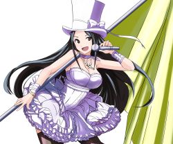 Rule 34 | 1girl, aegis (nerocc), black hair, breasts, hat, large breasts, long hair, microphone, open mouth, simple background, smile, solo, thighhighs, top hat, very long hair, white background