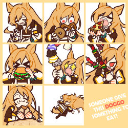 Rule 34 | &gt; &lt;, 1girl, animal ears, arknights, bracelet, burger, ceobe (arknights), commission, cookie, dog ears, doughnut, eating, emoji, expression chart, expressions, food, highres, honey, hungry, ice cream, infection monitor (arknights), jewelry, long hair, long sleeves, multiple views, open mouth, orange hair, pizza, pretzel, puffy long sleeves, puffy sleeves, red eyes, saliva, skewer, sparkling eyes, very long hair, xity