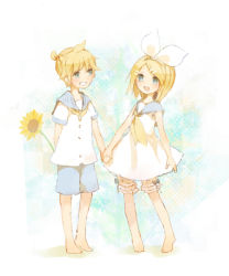 Rule 34 | 1boy, 1girl, :d, aqua eyes, barefoot, blonde hair, brother and sister, flower, grin, hairband, holding hands, hetero, kagamine len, kagamine rin, mikanniro, open mouth, shorts, siblings, smile, standing, vocaloid