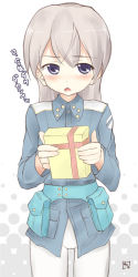 Rule 34 | 00s, 1girl, blue eyes, blush, eila ilmatar juutilainen, gift, grey hair, hanyu, holding, holding gift, incoming gift, military, military uniform, pantyhose, polka dot, signature, simple background, solo, strike witches, translated, uniform, valentine, white pantyhose, world witches series