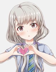 Rule 34 | 1girl, blouse, blue shirt, braid, braided bangs, brown eyes, commentary request, grey background, heart, heart hands, highres, hisakawa nagi, idolmaster, idolmaster cinderella girls, long hair, low twintails, naruse nagi, necktie, open mouth, shirt, short sleeves, silver hair, simple background, solo, twintails, upper body