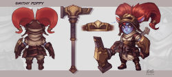Rule 34 | 1girl, alternate costume, alternate hairstyle, animal ears, artist name, blacksmith poppy, buckler, character name, concept art, fang, gloves, goggles, goggles on head, hair ornament, hammer, helmet, highres, kienan lafferty, league of legends, multiple views, poppy (league of legends), red eyes, red hair, shield, tool belt, turnaround, twintails, weapon