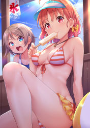 Rule 34 | 2girls, bikini, blue eyes, blue sky, blush, bow, breasts, brown hair, commentary request, day, drooling, eating, food, hair bow, highres, jewelry, kanabun, looking at viewer, love live!, love live! sunshine!!, medium breasts, multiple girls, necklace, open mouth, orange hair, popsicle, red eyes, short hair, sky, smile, striped bikini, striped clothes, sunlight, swimsuit, takami chika, visor cap, watanabe you, white bikini, yellow bow