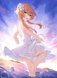 Rule 34 | 1girl, absurdres, alternate costume, bare back, barefoot, blurry, breasts, clothes lift, cloud, cloudy sky, commentary request, depth of field, dress, dress lift, feet, genshin impact, hair between eyes, highres, in water, lifted by self, light brown hair, looking at viewer, lumine (genshin impact), medium breasts, mountainous horizon, ocean, open mouth, radoremo, short hair, short hair with long locks, sideboob, sidelocks, sky, sleeveless, smile, soles, solo, standing, standing on one leg, toes, twilight, white dress, yellow eyes