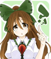 Rule 34 | 1girl, :&lt;, ?, absurdres, bow, breasts, brown eyes, brown hair, goku (acoloredpencil), gokuu (acoloredpencil), green background, hair bow, highres, large breasts, long hair, looking up, open mouth, outline, pointing, ponytail, reiuji utsuho, simple background, solo, third eye, touhou, upper body