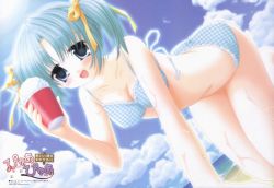 Rule 34 | 1girl, :d, all fours, beach, bikini, blue eyes, blue hair, blush, breasts, cleavage, cloud, cup, day, dutch angle, food, hair ribbon, ice cream, large breasts, matching hair/eyes, miwa yuuki, official art, official wallpaper, on ground, open mouth, outdoors, plaid, plaid bikini, pure pure, ribbon, sakurazawa izumi, shaved ice, short twintails, sky, smile, solo, sun, swimsuit, thigh gap, thighs, twintails, wallpaper, water, wet, yuuki miwa