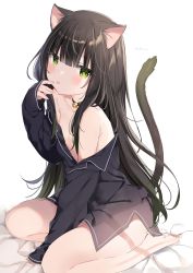 Rule 34 | 1girl, absurdres, animal ears, artist name, bare shoulders, barefoot, bed sheet, bell, between legs, black choker, black hair, black shirt, blush, cat ears, cat girl, cat tail, choker, closed mouth, commentary request, green eyes, hair between eyes, hand between legs, highres, jingle bell, long hair, long sleeves, looking at viewer, mafuyu (chibi21), neck bell, off shoulder, open clothes, open shirt, original, seiza, shirt, signature, sitting, sleeves past wrists, soles, solo, tail, tail raised, tongue, tongue out, very long hair, white background