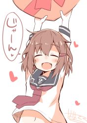 Rule 34 | 10s, 1girl, :d, anchor symbol, arms up, blush, box, brown hair, closed eyes, fang, hair ornament, hairclip, heart, heart-shaped box, ikazuchi (kancolle), kantai collection, nanateru, navel, neckerchief, open mouth, red neckerchief, school uniform, serafuku, short hair, smile, solo, translation request, valentine