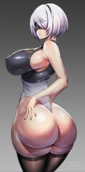 Rule 34 | 1girl, 2b (nier:automata), ass, ass grab, blindfold, breasts, curvy, grabbing own ass, highleg, highleg leotard, highres, huge ass, huge breasts, large breasts, leotard, looking back, nier:automata, nier (series), plump, shiny skin, solo, sweat, sweatdrop, thick thighs, thighhighs, thighs, thong leotard, wet, wide hips