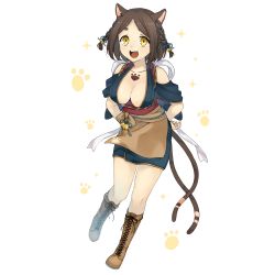 Rule 34 | 1girl, animal ears, boots, braid, breasts, brown footwear, cat ears, cat tail, cleavage, cross-laced footwear, full body, hair ribbon, hands on own hips, highres, knee boots, lace-up boots, large breasts, multiple tails, nekomata (youkai hyakki-tan!), official art, open mouth, ribbon, solo, tail, tattoo, transparent background, twin braids, yellow eyes, youkai hyakki-tan!