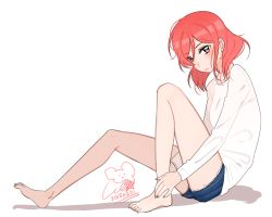 Rule 34 | 10s, 14 (vision5032), 1girl, 2015, bad id, bad pixiv id, bare legs, barefoot, dated, denim, denim shorts, feet, full body, hands on feet, long legs, looking at viewer, love live!, love live! school idol project, nishikino maki, purple eyes, red hair, shadow, short hair, shorts, signature, simple background, sitting, solo